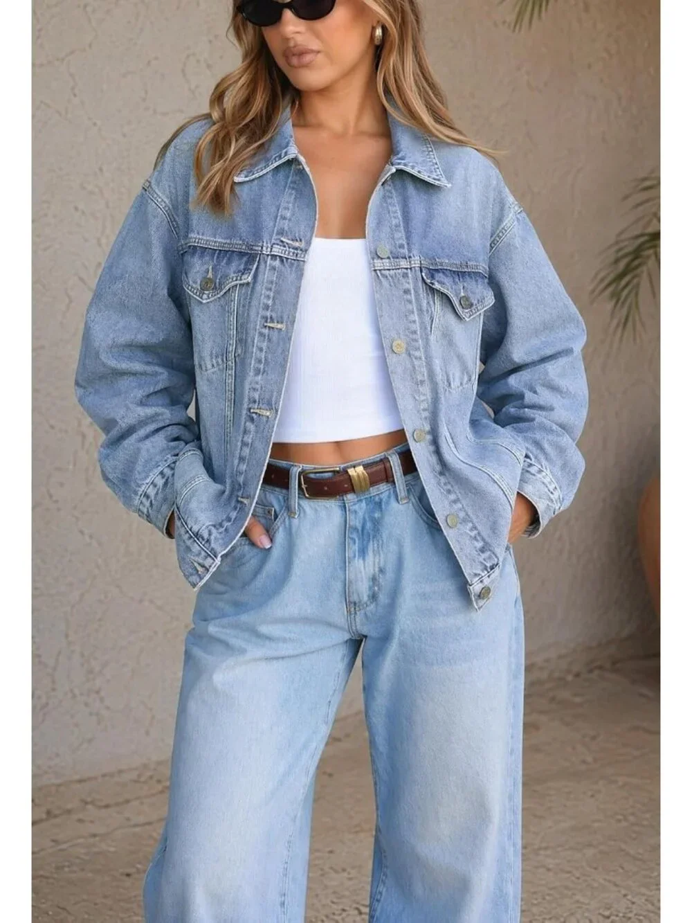 Women's Light Blue Oversized Trucker Jeans Jacket Long Sleeve Button Down Coat